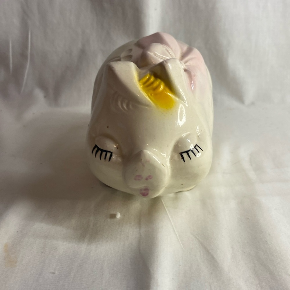 Vintage 1950 piggy bank yellow hair pink bow